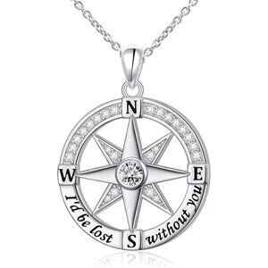 S925 Sterling Silver Compass Necklace CZ Pendant 18–20in NWT